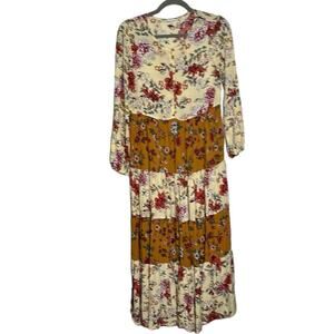 Brass and Roe Tan and Brown Floral Maxi Dress Tiered Ruffles Size Small